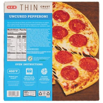 H-E-B Uncured Pepperoni Thin Crust Frozen Pizza, 14.15 oz