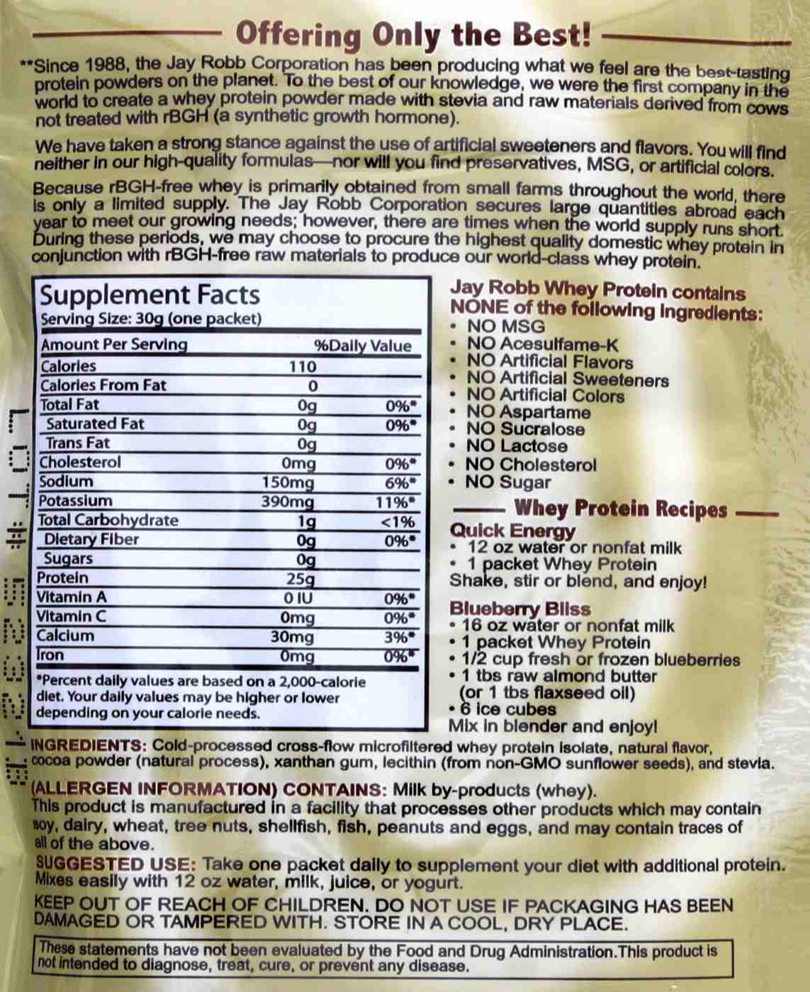 Jay Robb 25g Whey Protein Isolate Single Packet Chocolate Shop Diet