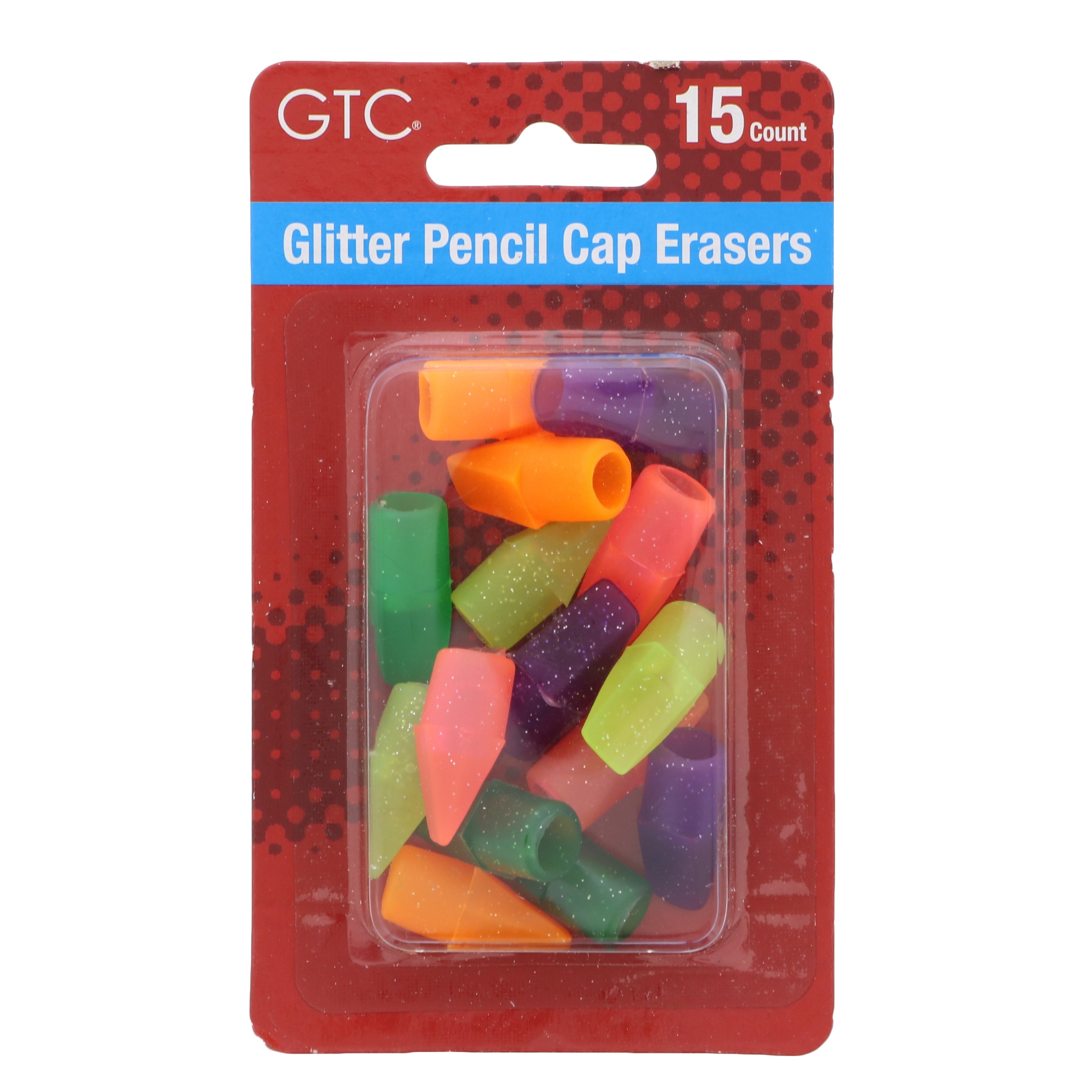 GTC Pencil Glitter Eraser Cap, 15 Count