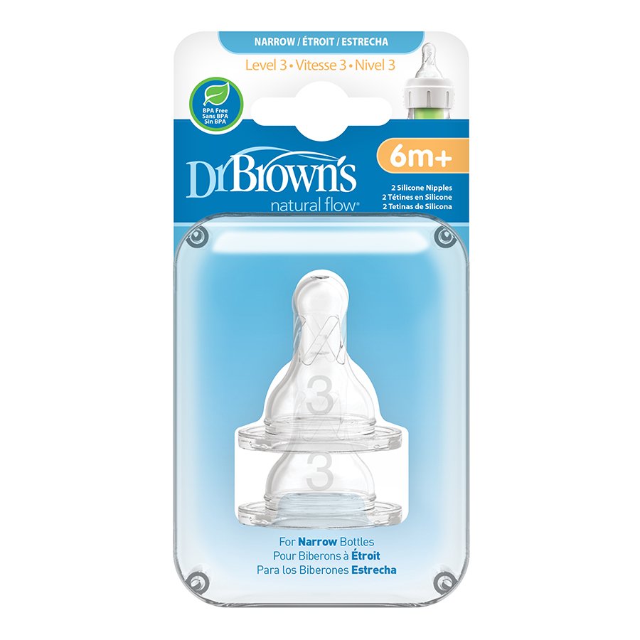 Dr. Brown's Natural Flow Level 3 Wide-Neck Baby Bottle Silicone Nipple,  Medium-Fast Flow, 6m+, 6-pack 