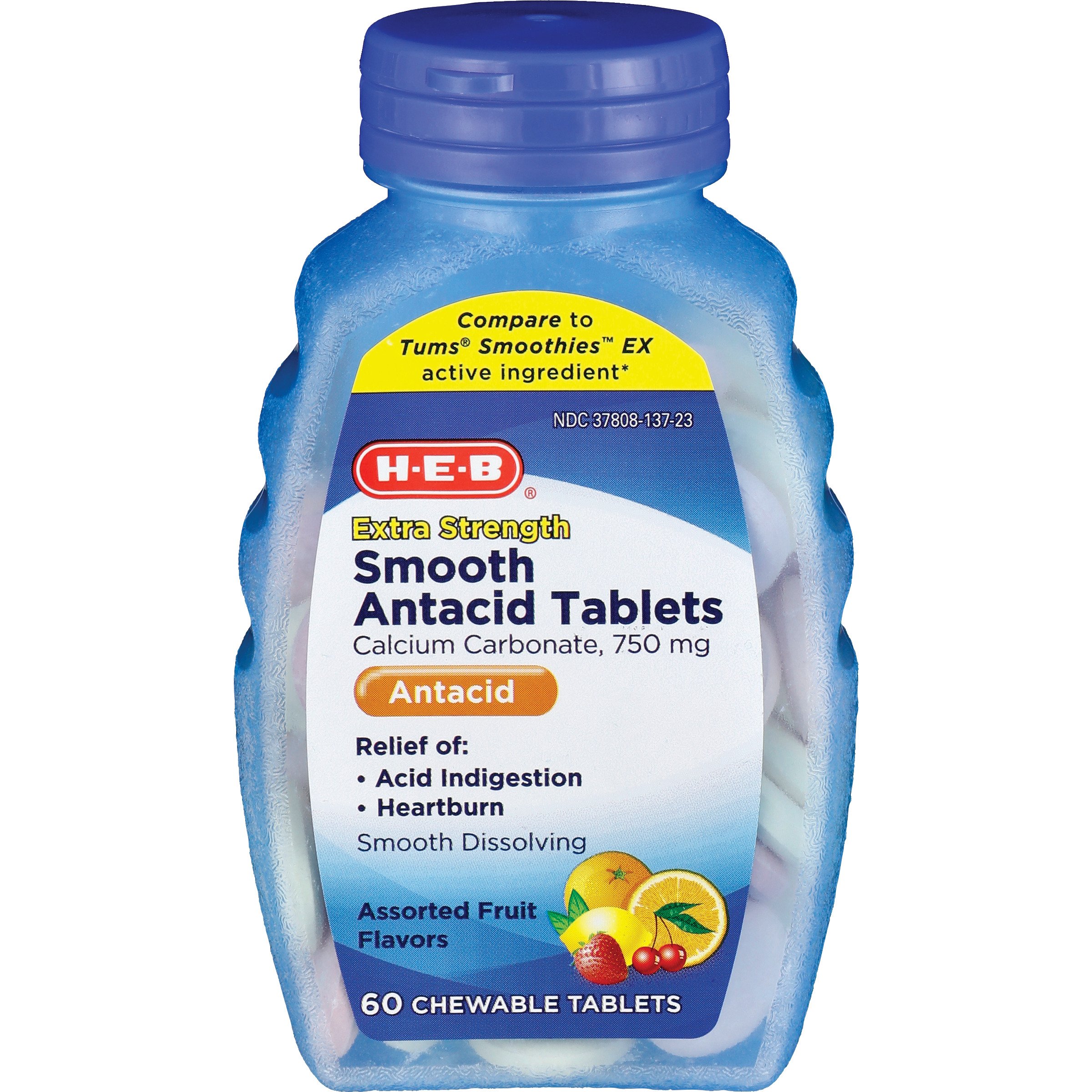 H-E-B Extra Strength Smooth Antacid Assorted Fruit Flavors Chewable 750 mg Tablets, 60 ct