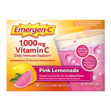 Emergen-C Vitamin C 1000mg Powder (30 Count, Pink Lemonade Flavor, 1 Month Supply), With Antioxidants, B Vitamins and Electrolytes, Dietary Supplement Fizzy Drink Mix, Caffeine Free
