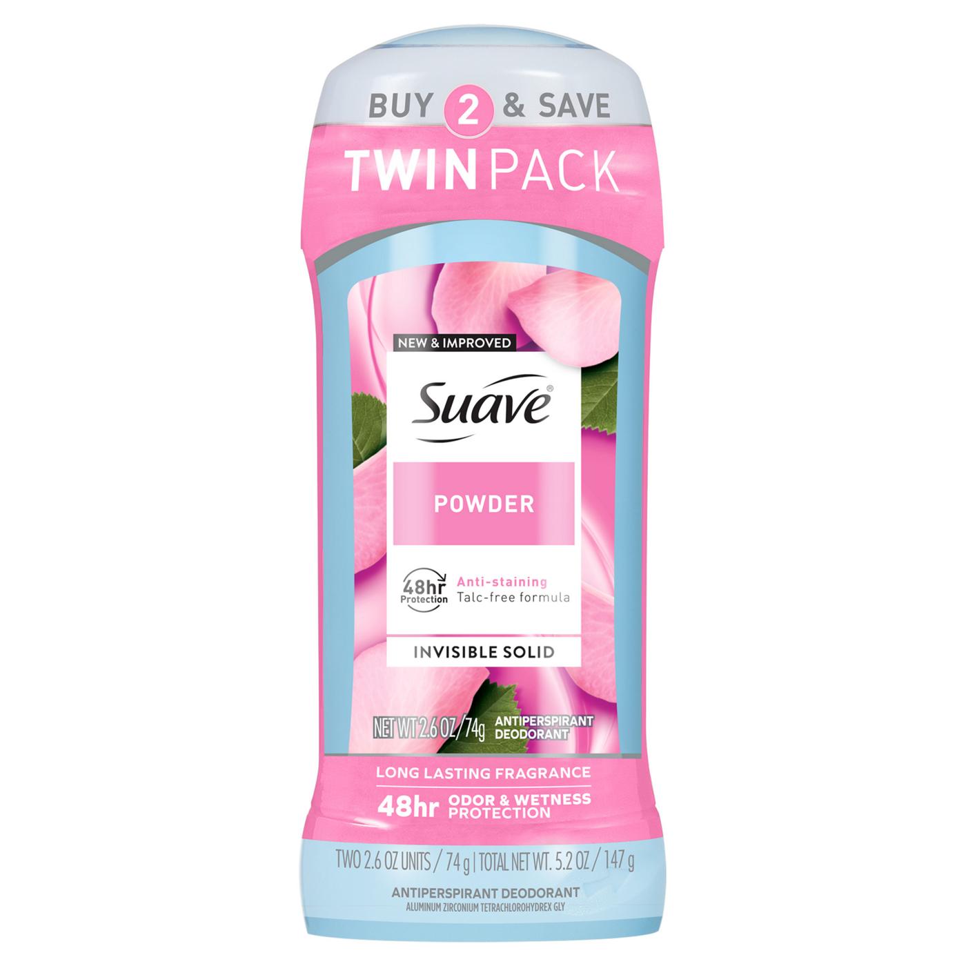 Suave Antiperspirant Deodorant For Women, Invisible 48hr Protection - Powder, 2 pk; image 1 of 9