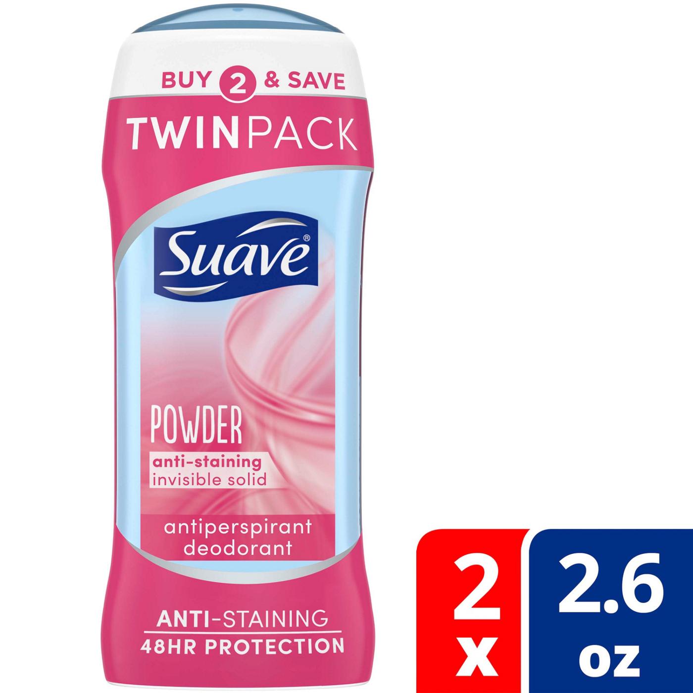 Suave Antiperspirant Deodorant For Women, Invisible 48hr Protection - Powder, 2 pk; image 2 of 9