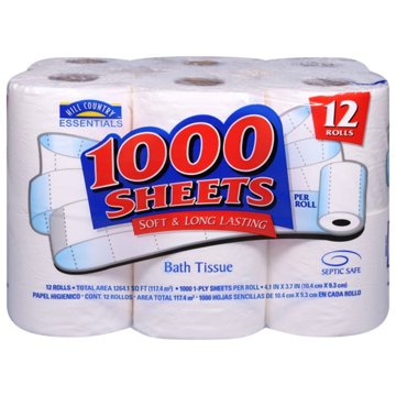 Hill Country Essentials 1000 Sheets Soft Toilet Paper, 12 Rolls