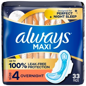 Always Maxi Pads Overnight Absorbency Unscented with Wings Size 4, 33 ct