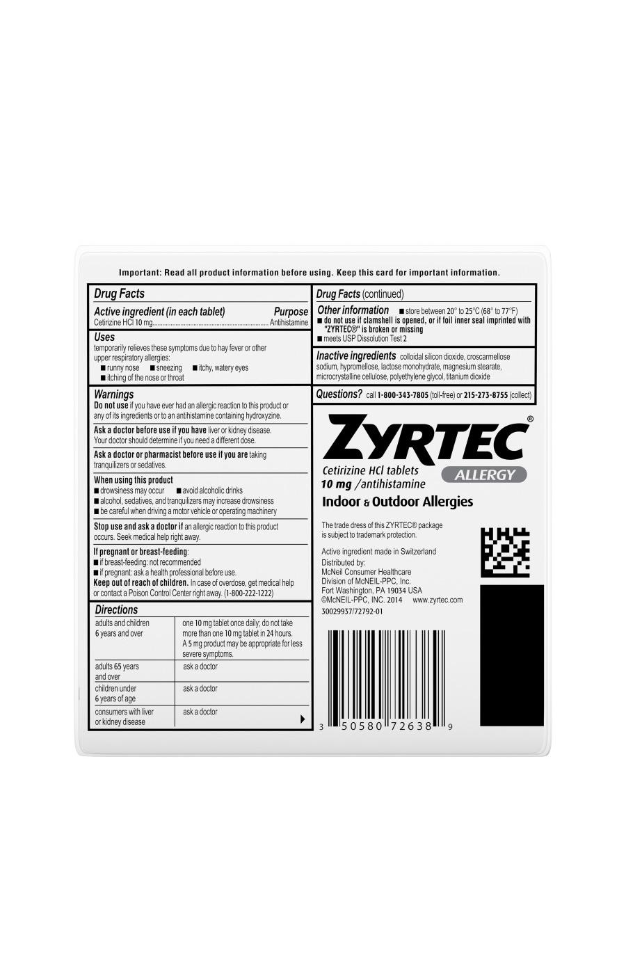 Zyrtec Tablets, 45 Count; image 6 of 7