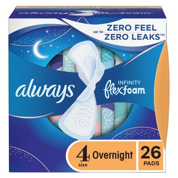 Always Infinity FlexFoam Pads Overnight Absorbency, with Wings Unscented Size 4, 26 ct
