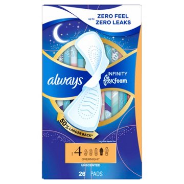 Always Infinity FlexFoam Pads Overnight Absorbency, with Wings Unscented Size 4