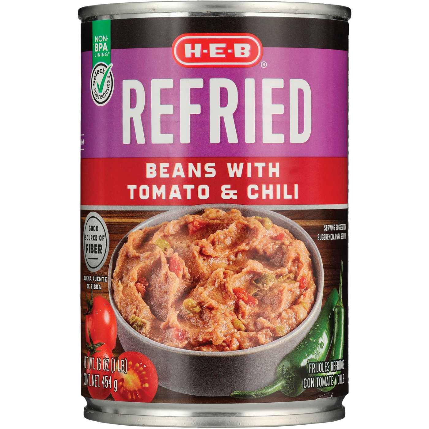 H-E-B Refried Beans with Tomatoes & Chili; image 1 of 2