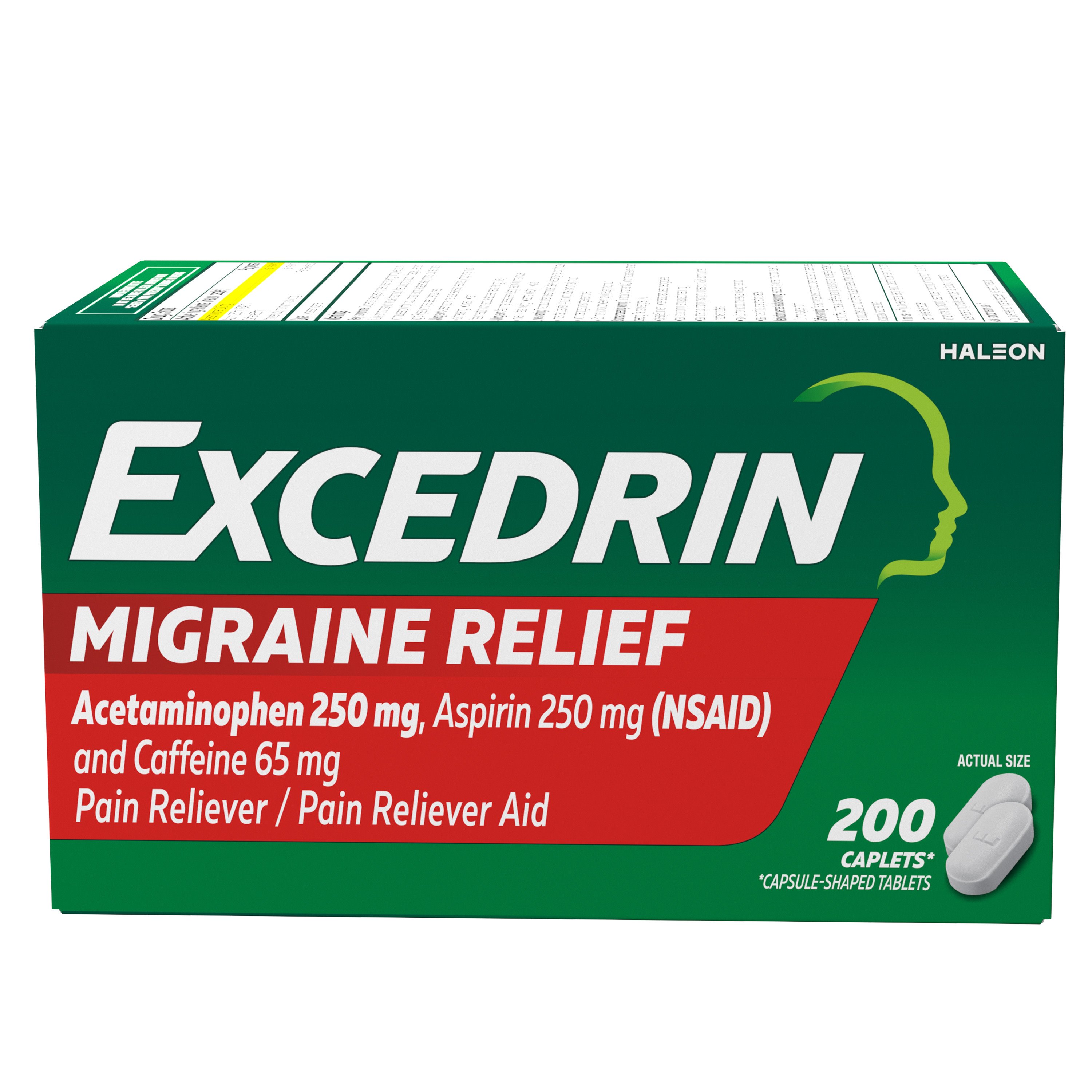 Excedrin Migraine Relief Caplets for Migraine Symptoms, Acetaminophen 250mg, Aspirin 250mg, Caffeine 65mg, Pain Reliever, 200 ct