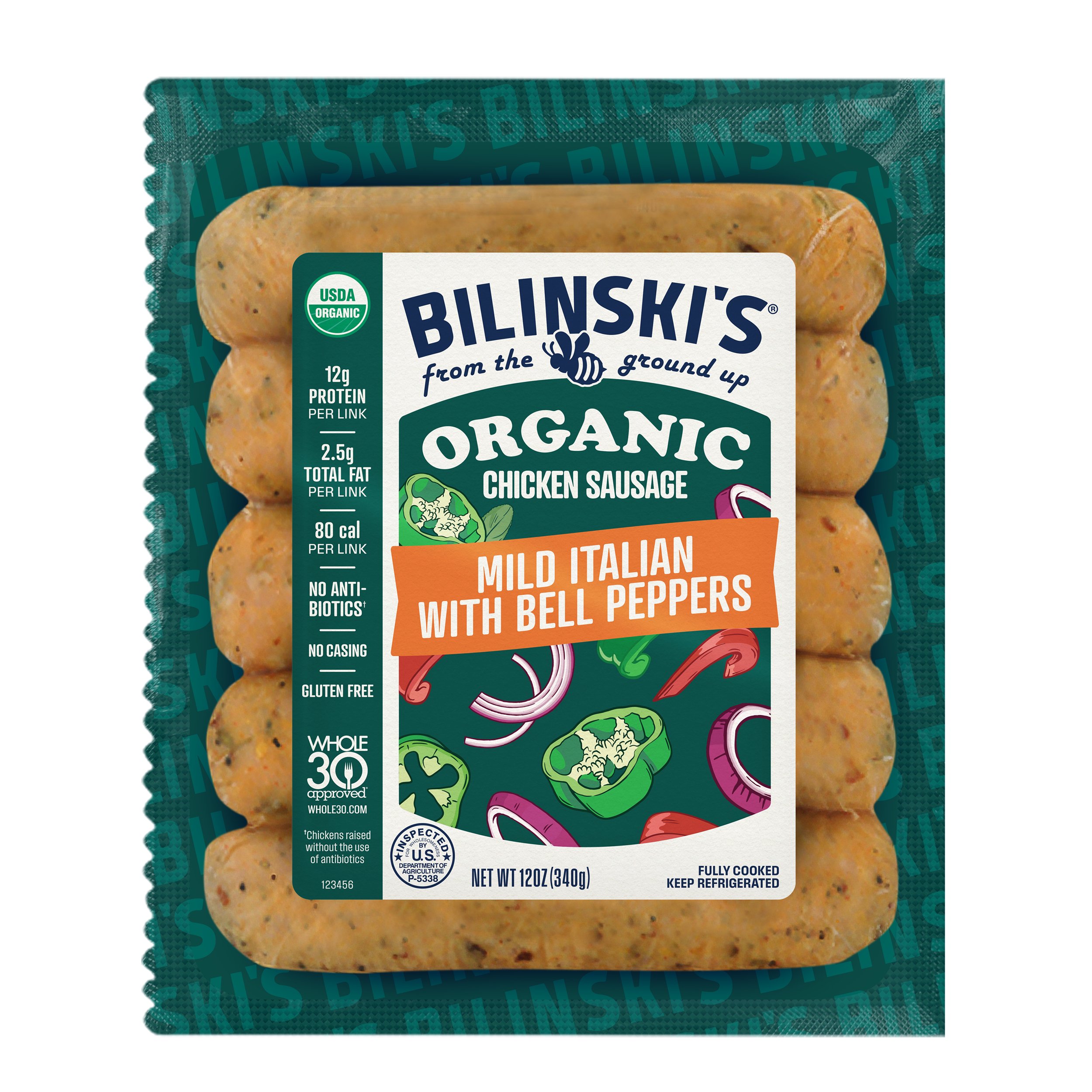 BILINSKI'S Organic Fully Cooked Chicken Sausage Links Mild Italian Bell Peppers Shop Sausage
