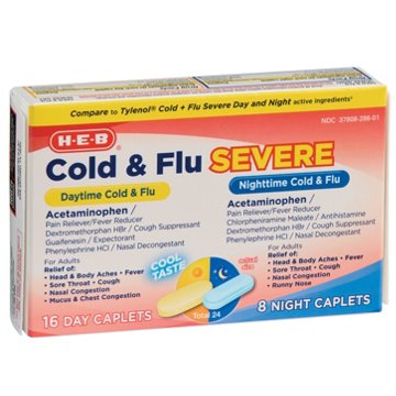 H-E-B Daytime + Nighttime Severe Cold & Flu Caplets - Cool Taste, 24 ct