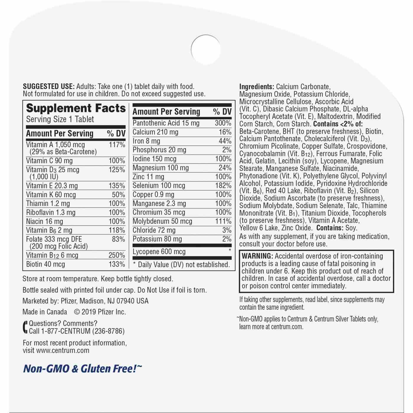 Centrum Multivitamin for Men, Multivitamin/Multimineral Supplement with Vitamin D3, B Vitamins and Antioxidants, Gluten Free, Non-GMO Ingredients; image 13 of 13