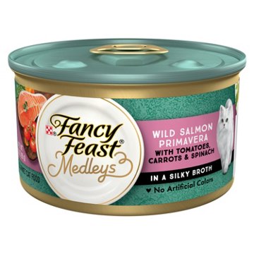 Fancy Feast Purina Wet Cat Food Medleys - Wild Salmon Primavera with Tomatoes Carrots and Spinach in Silky Broth, 3 oz