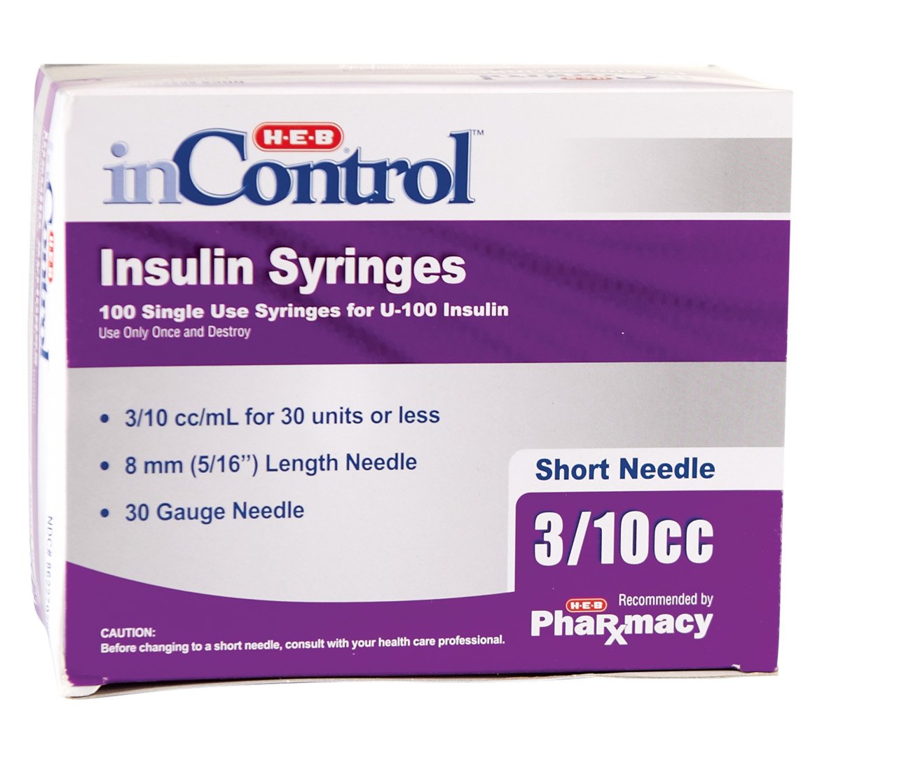 HEB InControl 3/10 cc Short Needle 5/16" (8 mm) 30 Gauge Insulin
