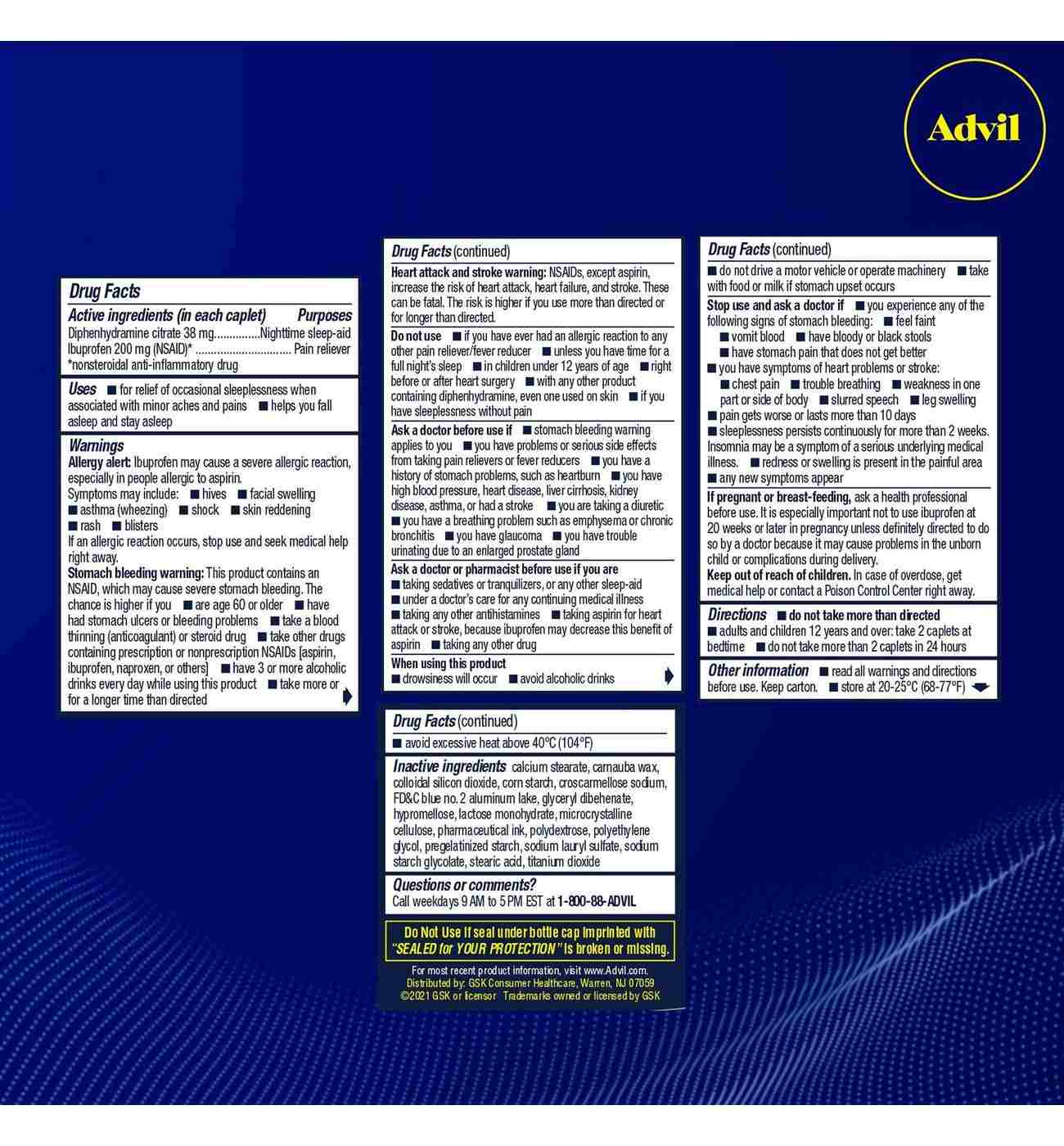 Advil PM Pain Reliever and Nighttime Sleep Aid, Ibuprofen for Pain Relief and Diphenhydramine Citrate for a Sleep Aid; image 2 of 2
