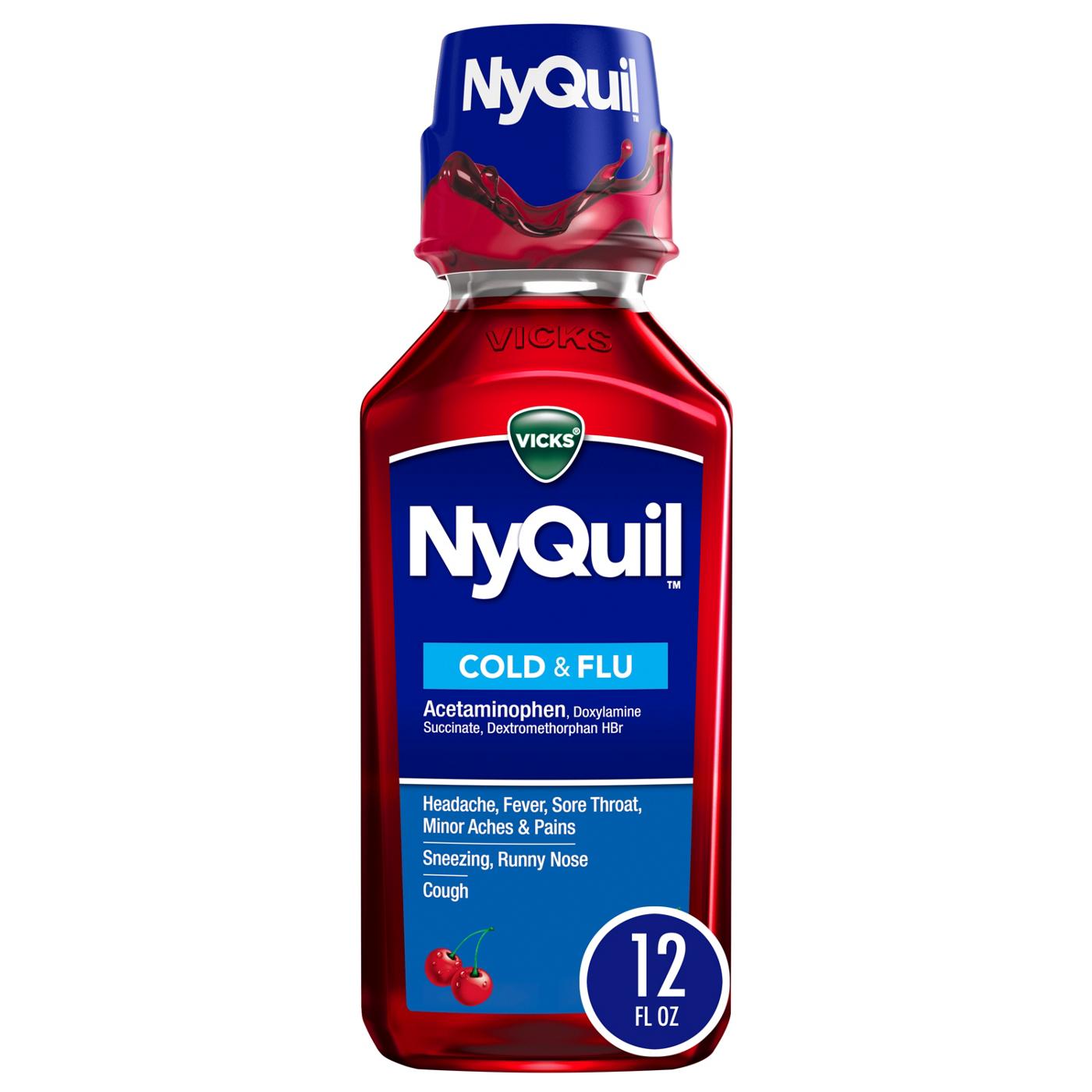 Vicks NyQuil Cold & Flu Relief Liquid Over-the-Counter Medicine, Powerful Multi-Symptom Nighttime Relief, Cherry Flavor; image 1 of 8