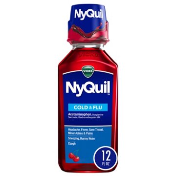 Vicks NyQuil Cold & Flu Relief Liquid Over-the-Counter Medicine, Powerful Multi-Symptom Nighttime Relief, Cherry Flavor, 12 oz