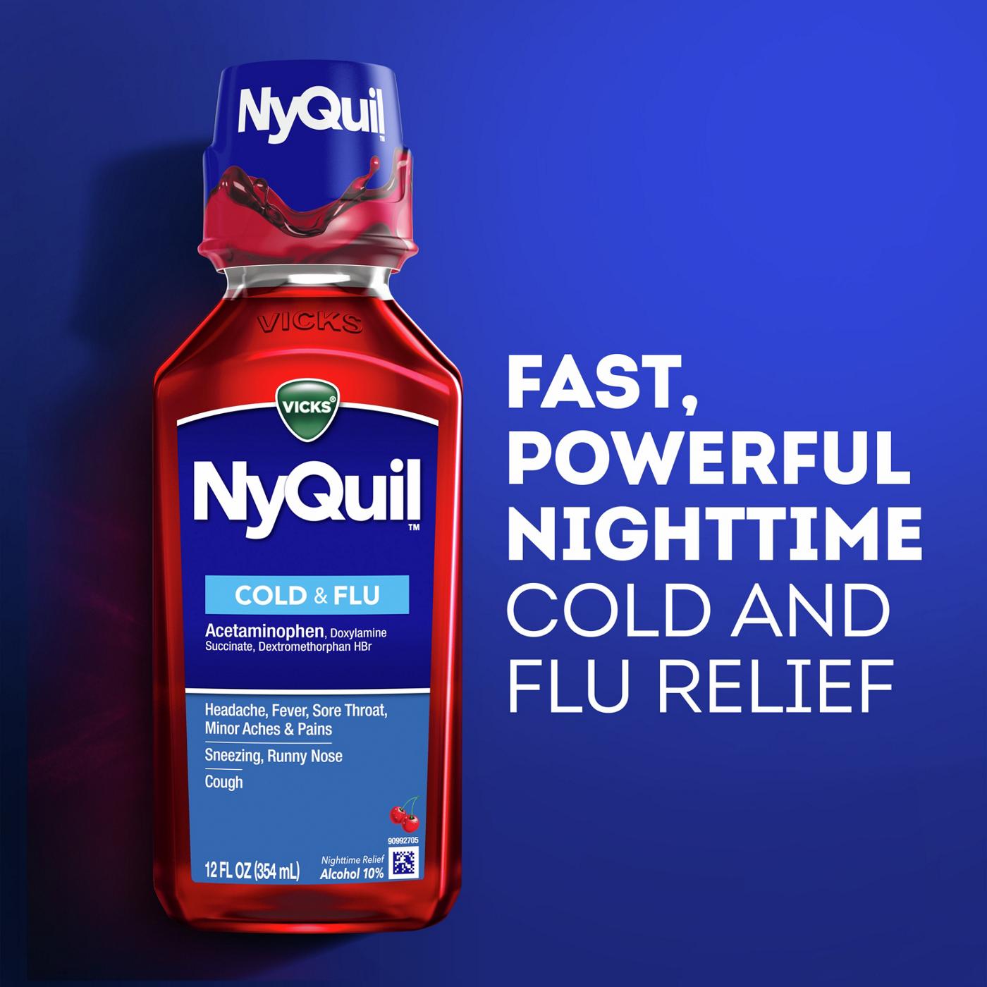 Vicks NyQuil Cold & Flu Relief Liquid Over-the-Counter Medicine, Powerful Multi-Symptom Nighttime Relief, Cherry Flavor; image 2 of 8