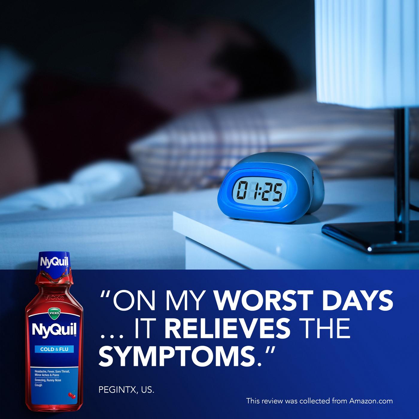 Vicks NyQuil Cold & Flu Relief Liquid Over-the-Counter Medicine, Powerful Multi-Symptom Nighttime Relief, Cherry Flavor; image 3 of 8