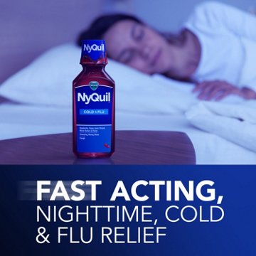 Vicks NyQuil Cold & Flu Relief Liquid Over-the-Counter Medicine, Powerful Multi-Symptom Nighttime Relief, Cherry Flavor, 12 oz