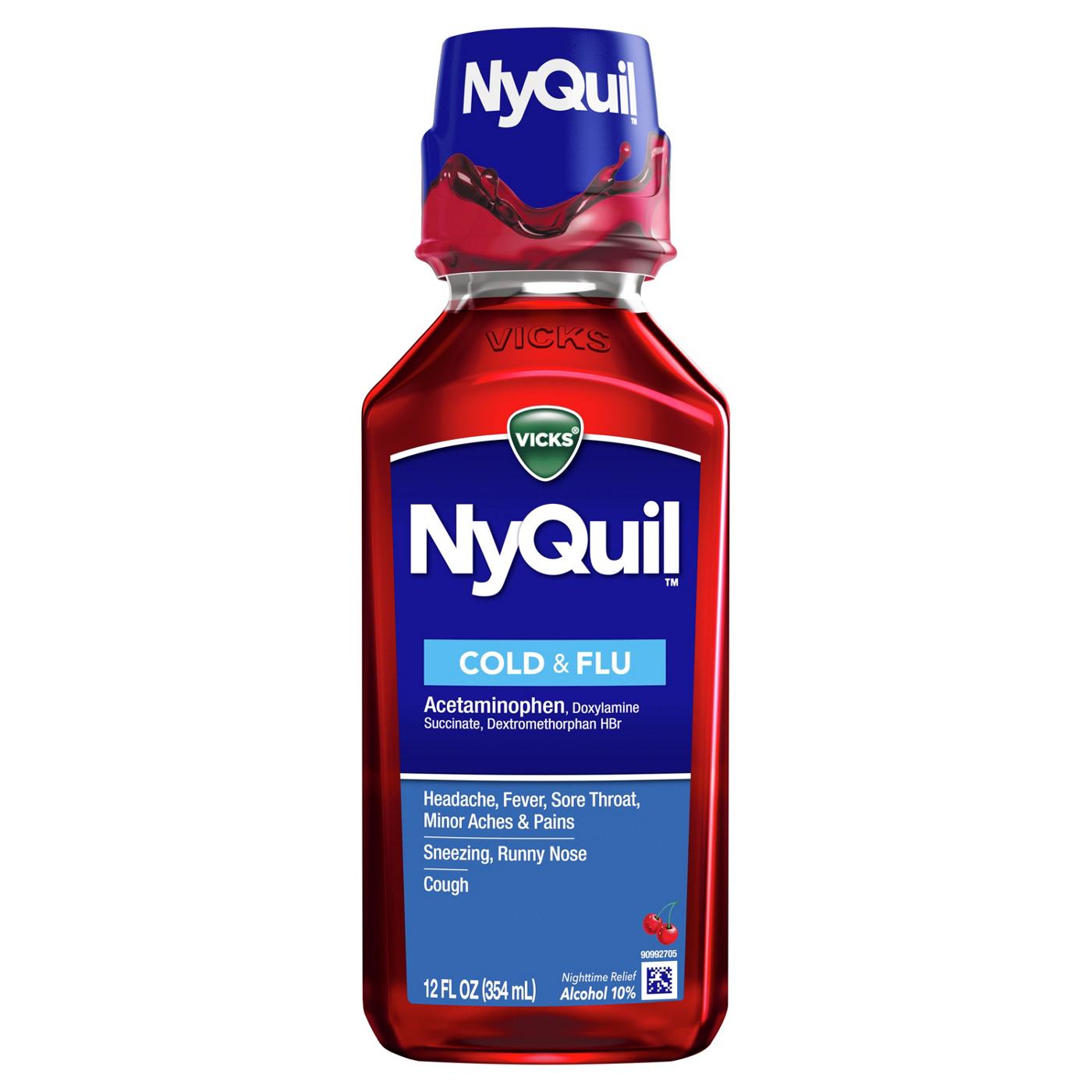 Vicks NyQuil Cold & Flu Relief Liquid Over-the-Counter Medicine, Powerful Multi-Symptom Nighttime Relief, Cherry Flavor; image 7 of 8