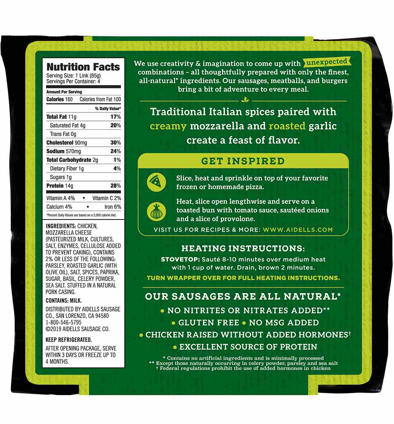 Aidells Italian Style Smoked Chicken Sausage with Mozzarella Cheese; image 2 of 3