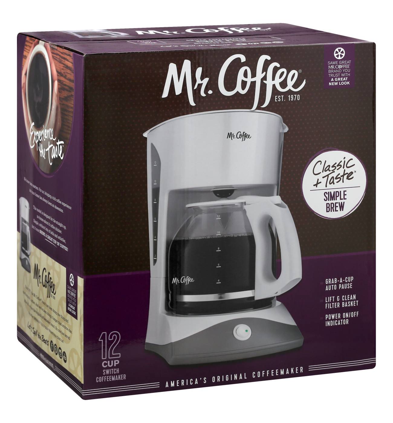 Mr. Coffee 12-Cup Coffee Maker Grab-a-Cup Auto Pause Easy Cleanup White