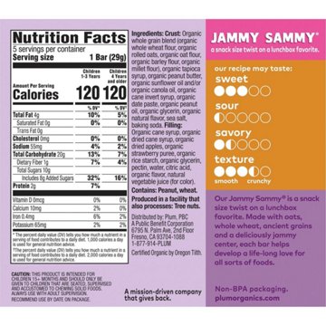 Plum Organics Jammy Sammy Snack Size Sandwich Bar - Peanut Butter & Strawberry, 5 ct