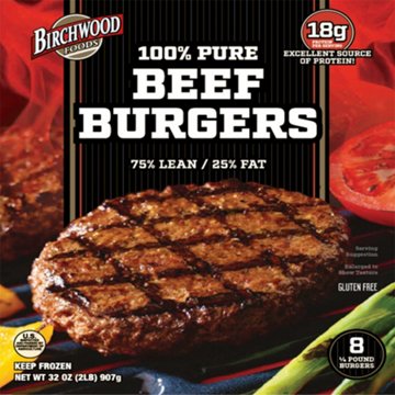 Birchwood Frozen 100% Ground Beef Patties, 8 ct