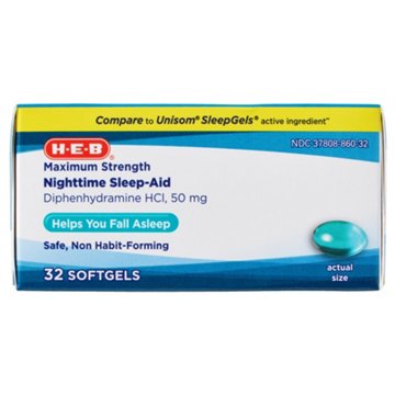 H-E-B Diphenhydramine Nighttime Sleep-Aid Softgels – 50 mg, 32-ct