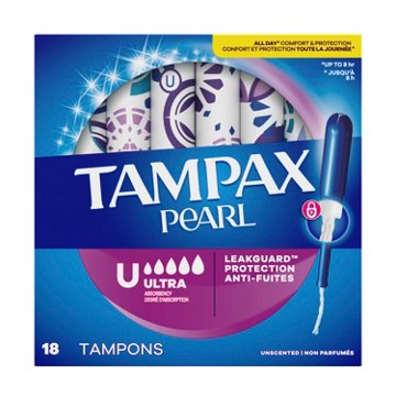 Tampax Pearl Tampons, with LeakGuard Braid, Ultra Absorbency, Unscented, 18 Count, 18 ct