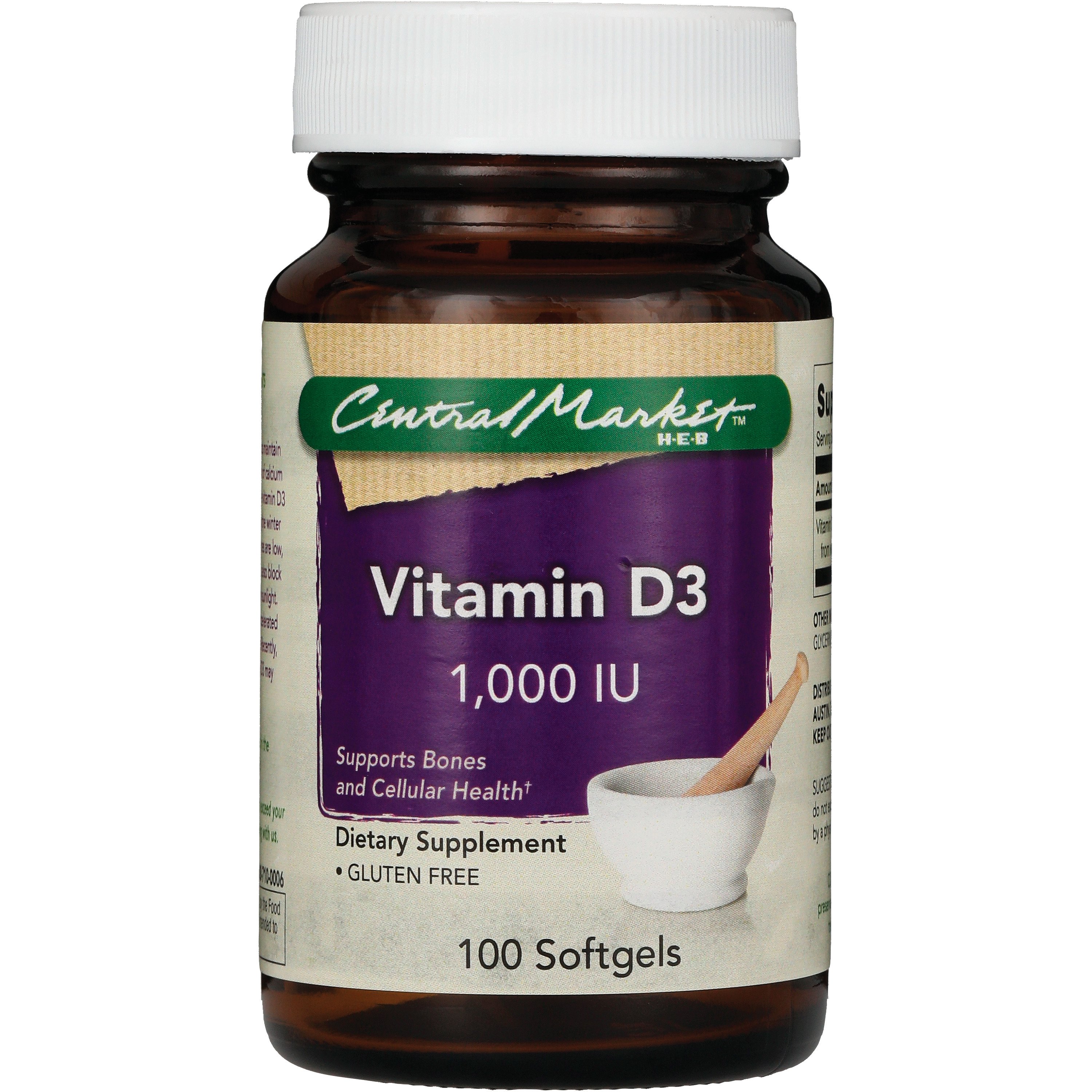 Central Market Vitamin D3 1000 IU Softgels, 100 ct