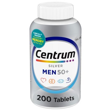 Centrum Silver Multivitamin for Men 50 Plus, Multimineral Supplement, Vitamin D3, B-Vitamins and Zinc, Gluten Free, Non-GMO Ingredients, Supports memory and cognition in older adults, 200 ct