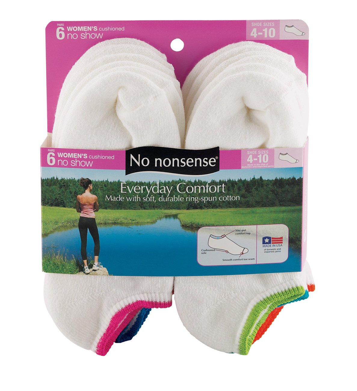 No Nonsense Everyday Comfort Women's No Show Assorted Color Socks, 4-10 Size