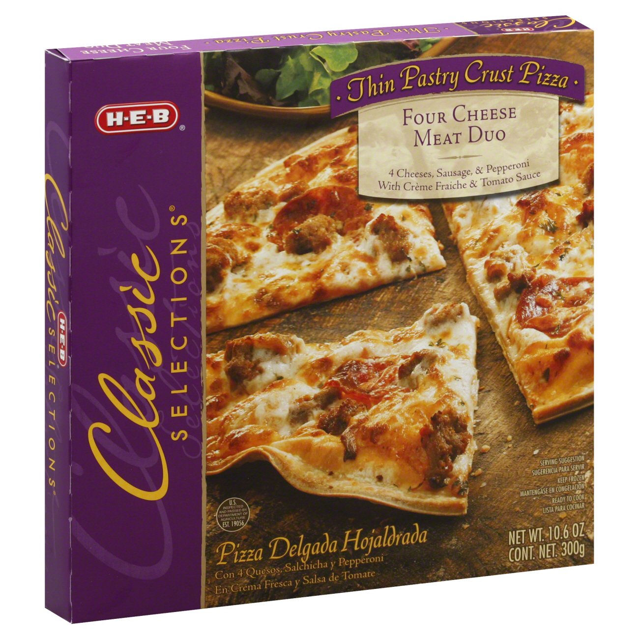 HEB Classic Selections Thin Pastry Crust Four Cheese Meat Duo Pizza