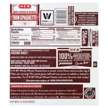 H-E-B 100% Whole Wheat Thin Spaghetti Noodles, 16 oz