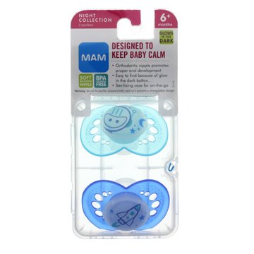 MAM Nighttime Silicone Pacifiers (6+ Months), Assorted Colors - Glows In The Dark, 2 ct