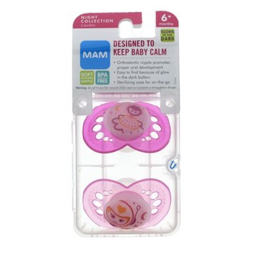 MAM Nighttime Silicone Pacifiers (6+ Months), Assorted Colors - Glows In The Dark, 2 ct