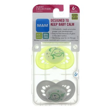 MAM Nighttime Silicone Pacifiers (6+ Months), Assorted Colors - Glows In The Dark, 2 ct