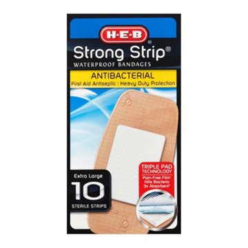 H-E-B Strong Strip Waterproof Antibacterial Bandages - Extra Large, 10 ct