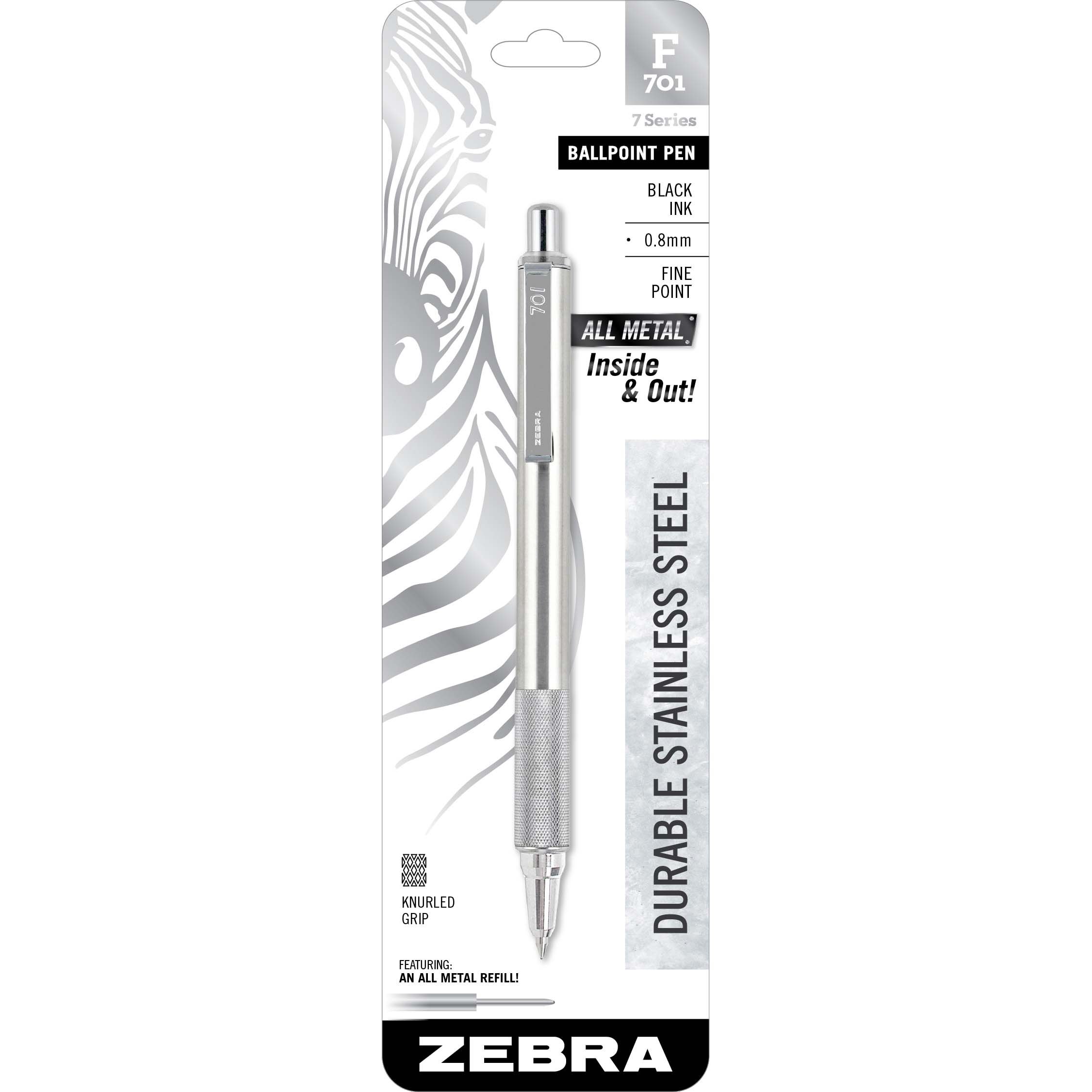 Zebra Pen F-301 Ballpoint Stainless Steel Retractable Pen 0.7mm Black Ink
