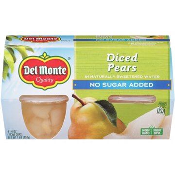 Del Monte No Sugar Added Diced Pears In Water, 4 ct