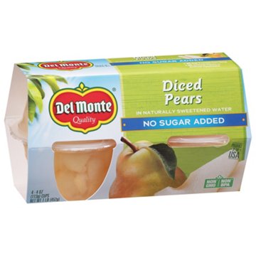 Del Monte No Sugar Added Diced Pears In Water, 4 ct