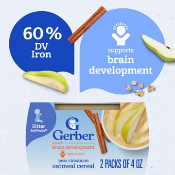 Gerber Stage 2 Baby Food - Pear Cinnamon Oatmeal Cereal, 4 oz Tubs