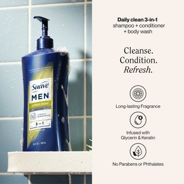 Suave Men 3-in-1 Shampoo, Conditioner & Body Wash - Citrus Rush, 28 oz