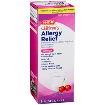 H-E-B Children’s Allergy Relief Diphenhydramine  Liquid – Cherry Flavor, 8 oz