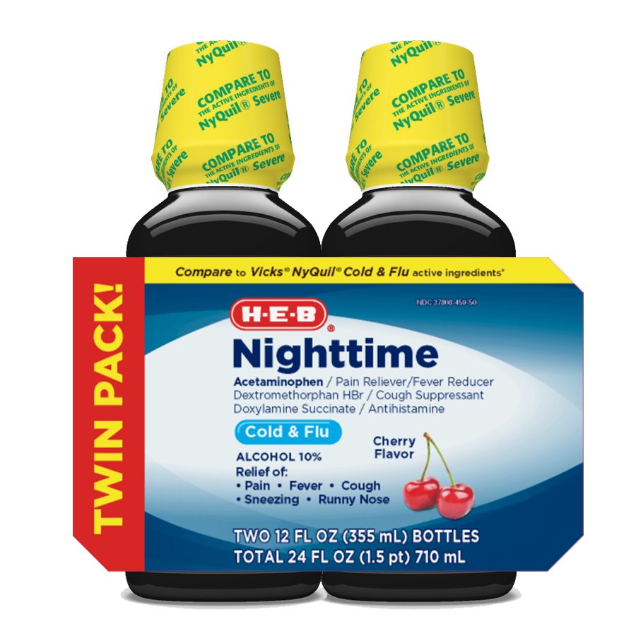 HEB Night Time Cold & Flu Cherry Flavor Syrup Twin Pack Shop Cough
