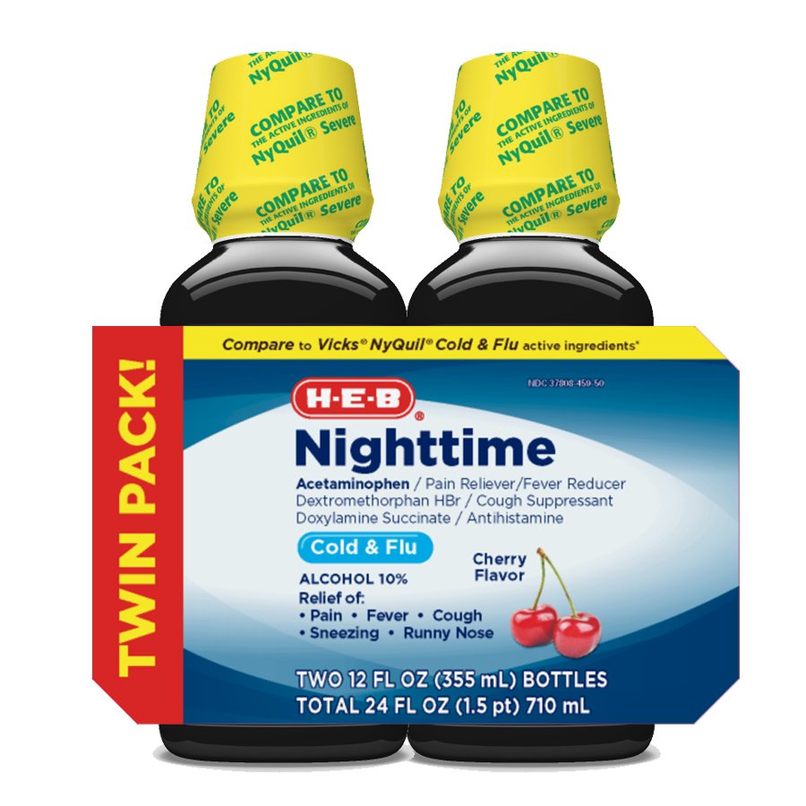 H-E-B Night Time Cold & Flu Cherry Flavor Syrup Twin Pack - Shop Cough ...